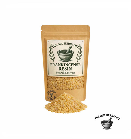 Frankincense resin granules in kraft pouch – natural aromatic resin.