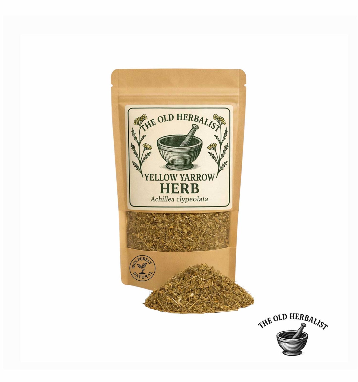 Dried yellow yarrow herb in kraft pouch – Achillea clypeolata.

