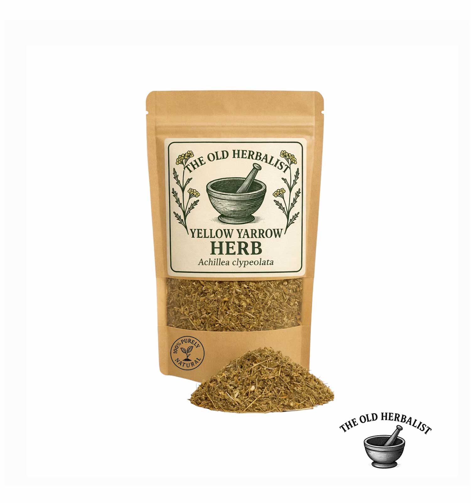 Dried yellow yarrow herb in kraft pouch – Achillea clypeolata.
