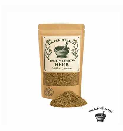 Dried yellow yarrow herb in kraft pouch – Achillea clypeolata.
