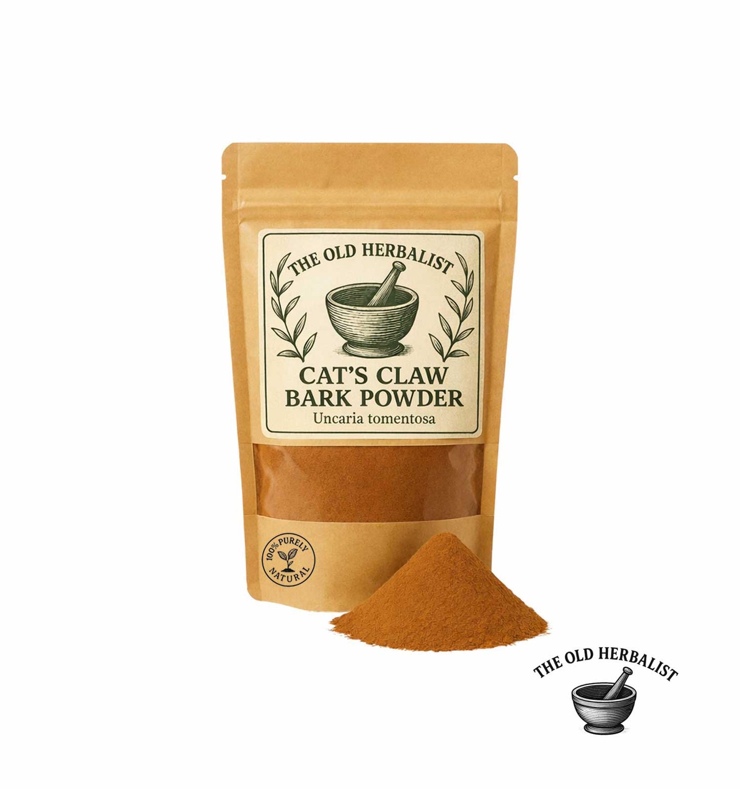 Cat’s Claw bark powder in kraft pouch – herbal bark powder.
