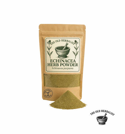 Echinacea herb powder in kraft pouch – natural Bulgarian herbal powder.

