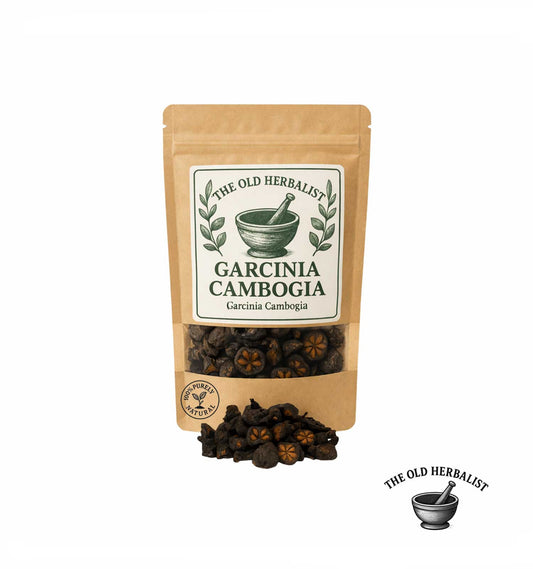 Dried garcinia cambogia fruit pieces in kraft pouch – herbal tea ingredient.