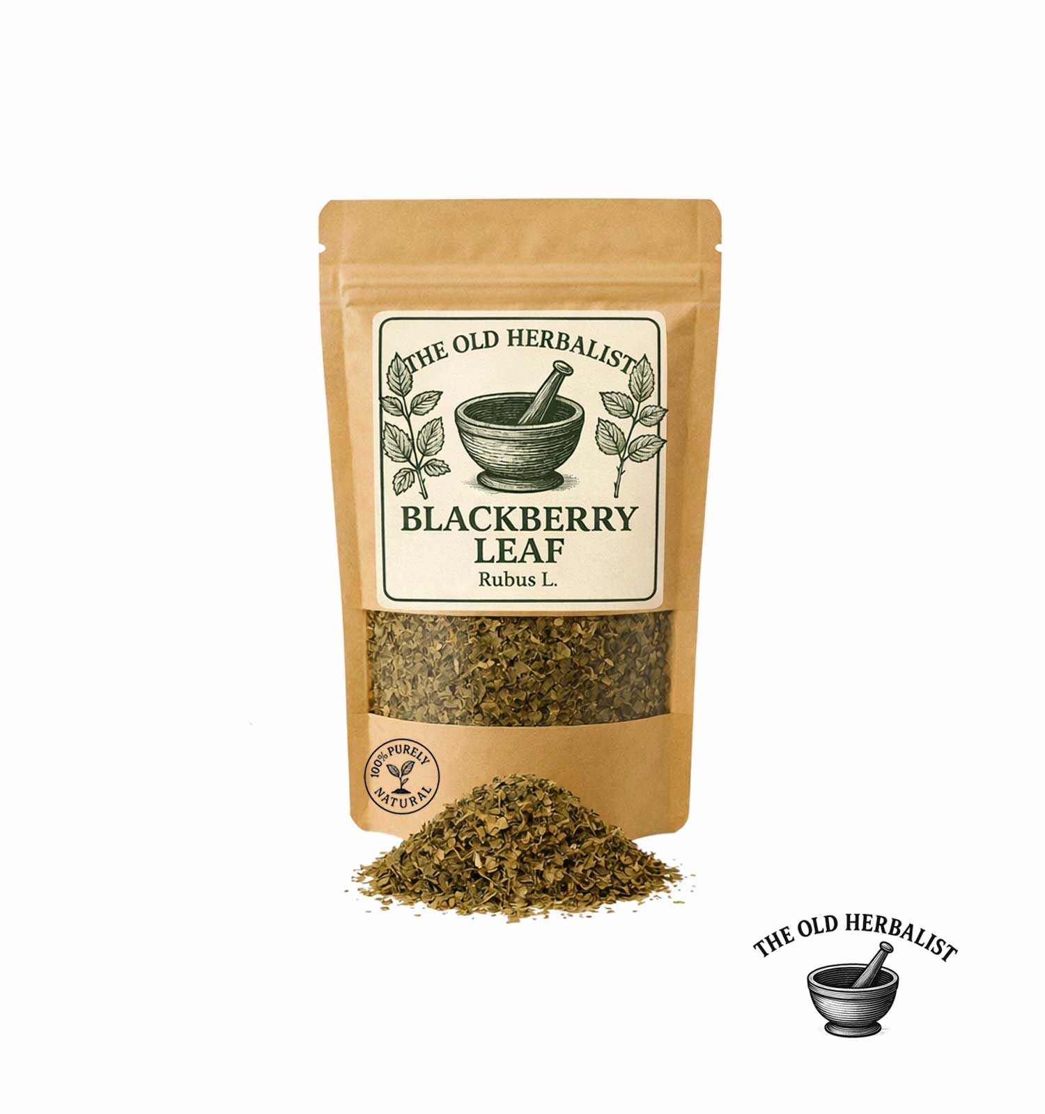 Dried blackberry leaves in kraft pouch – herbal ingredient.
