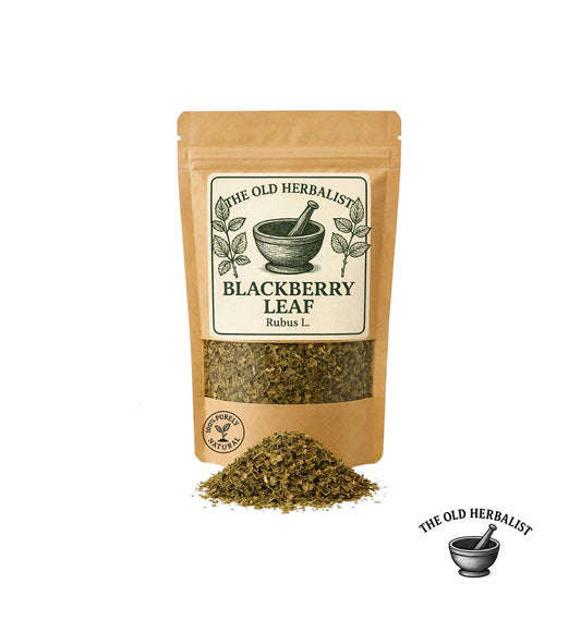 Dried blackberry leaves in kraft pouch – herbal ingredient.
