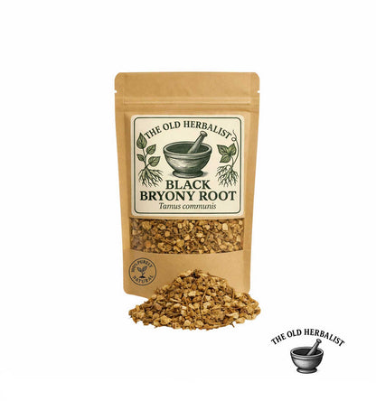 Dried black bryony root in kraft pouch – traditional herbal ingredient.
