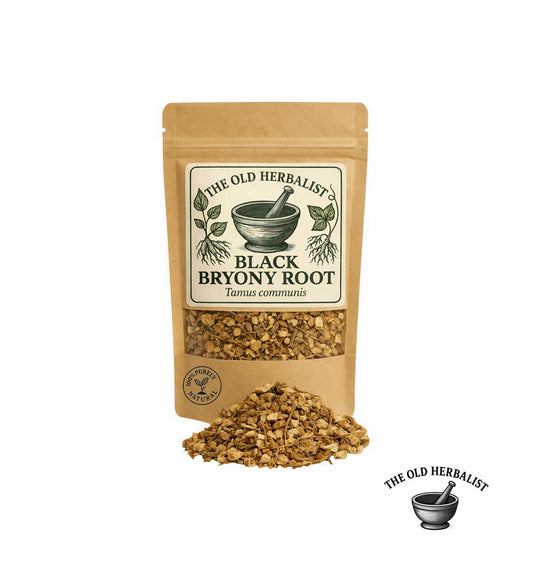 Dried black bryony root in kraft pouch – traditional herbal ingredient.
