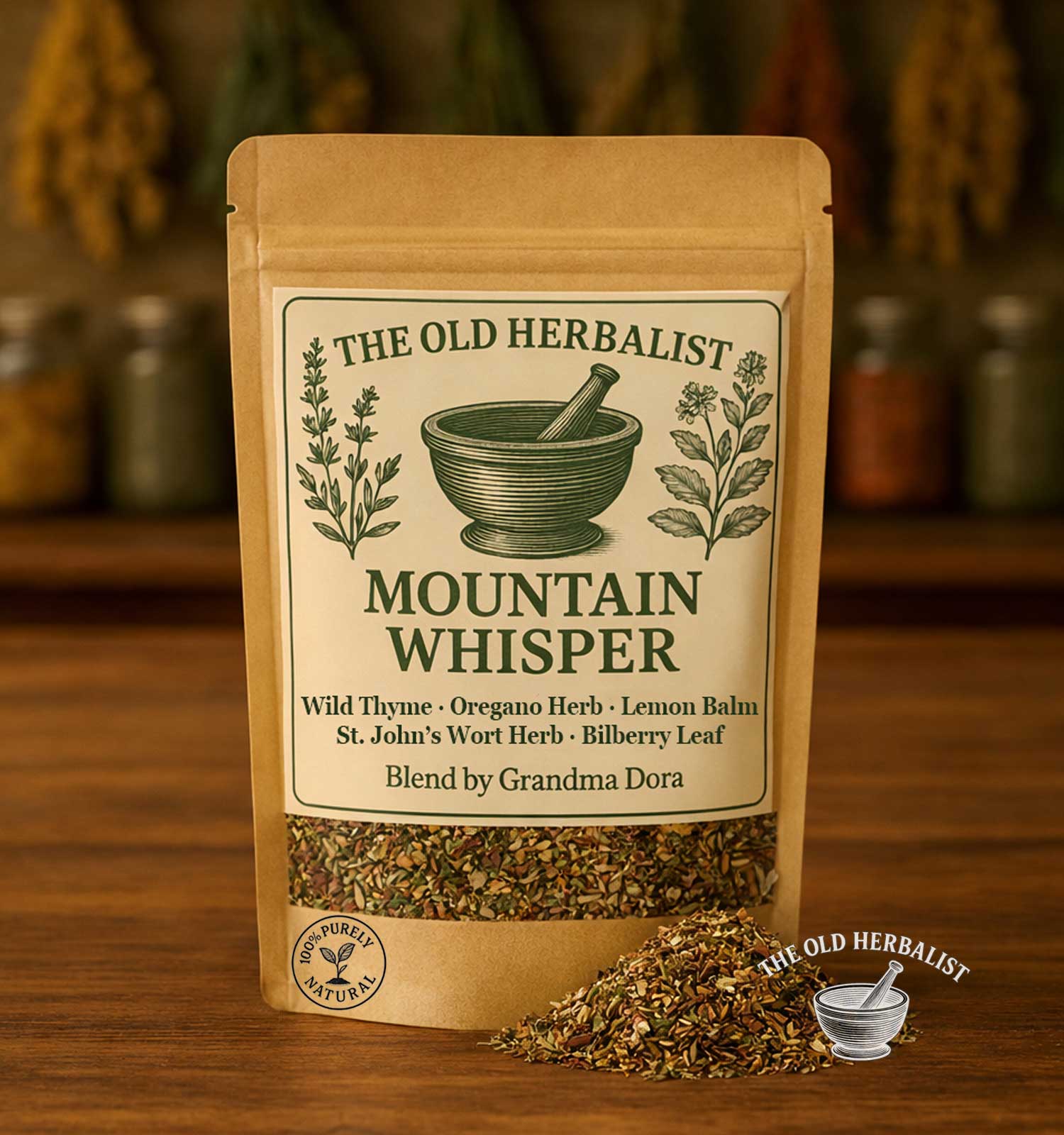 Mountain Whisper herbal tea in kraft pouch – wild mountain herbs.
