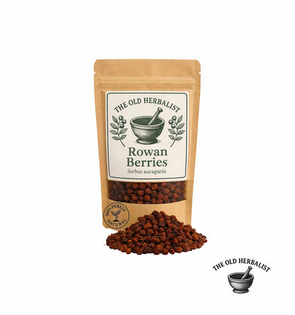 Dried rowan berries in kraft pouch – herbal berry ingredient.