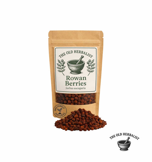 Dried rowan berries in kraft pouch – herbal berry ingredient.