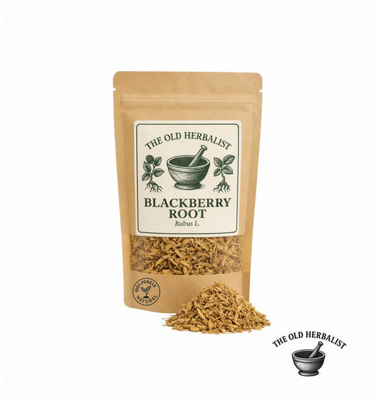 Dried blackberry root in kraft pouch – herbal root ingredient.
