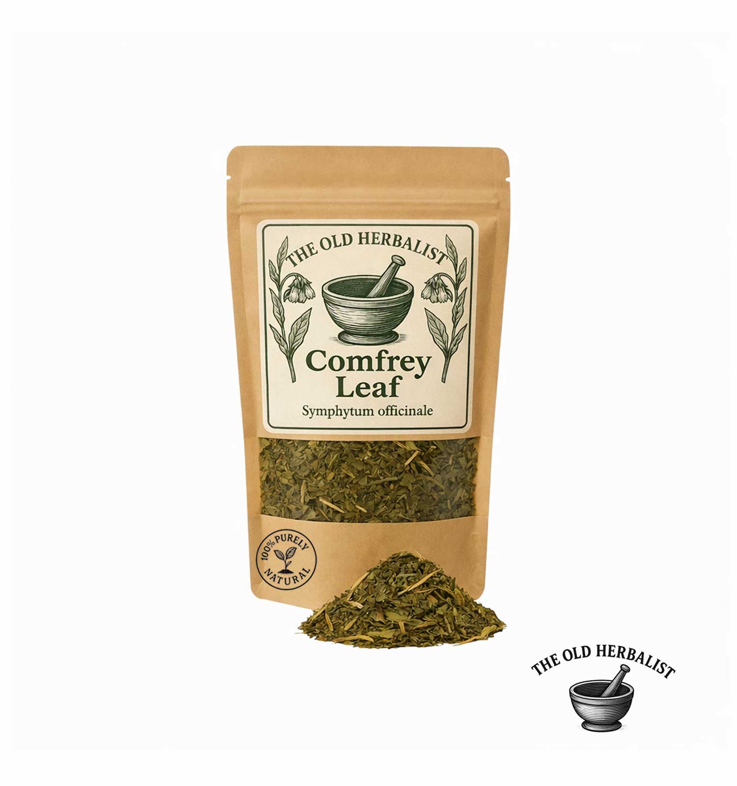 Dried comfrey leaf in kraft pouch – herbal ingredient.