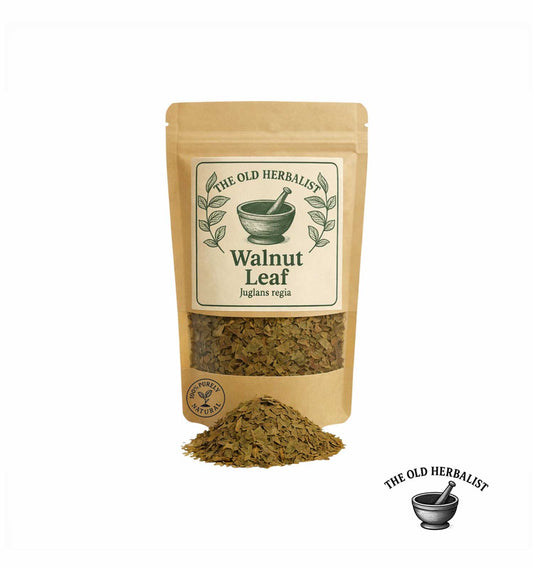 Dried walnut leaves in kraft pouch – herbal ingredient.
