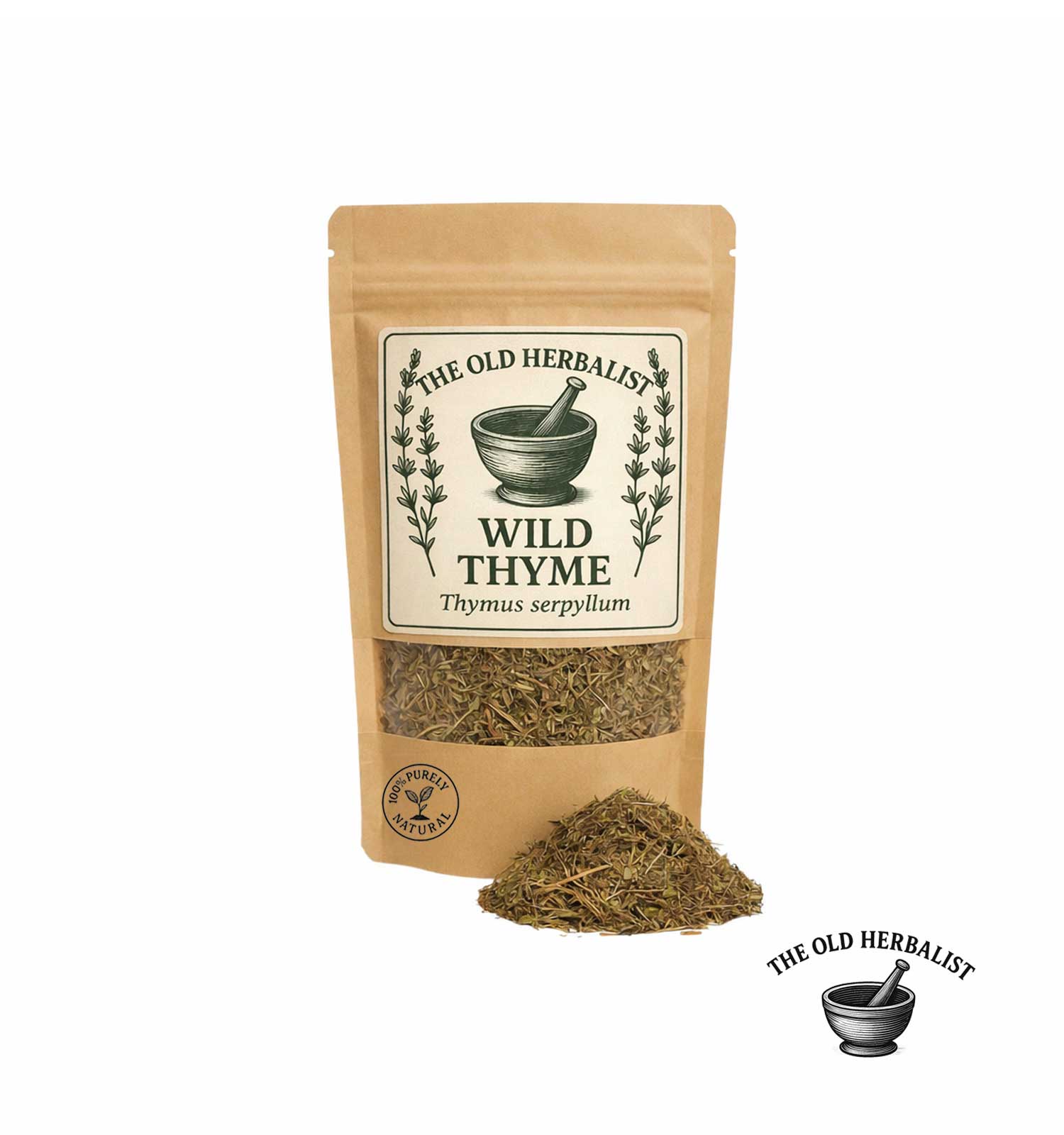 Dried wild thyme herb in kraft pouch – herbal ingredient.
