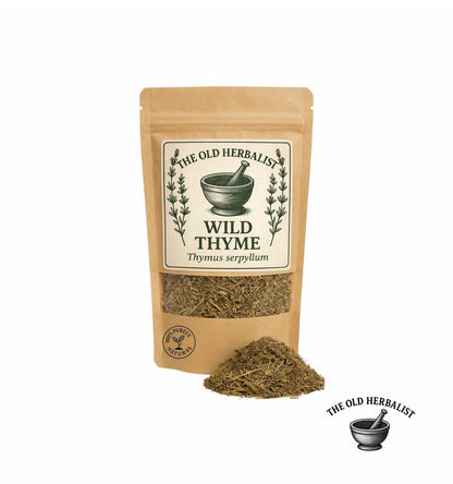 Dried wild thyme herb in kraft pouch – herbal ingredient.
