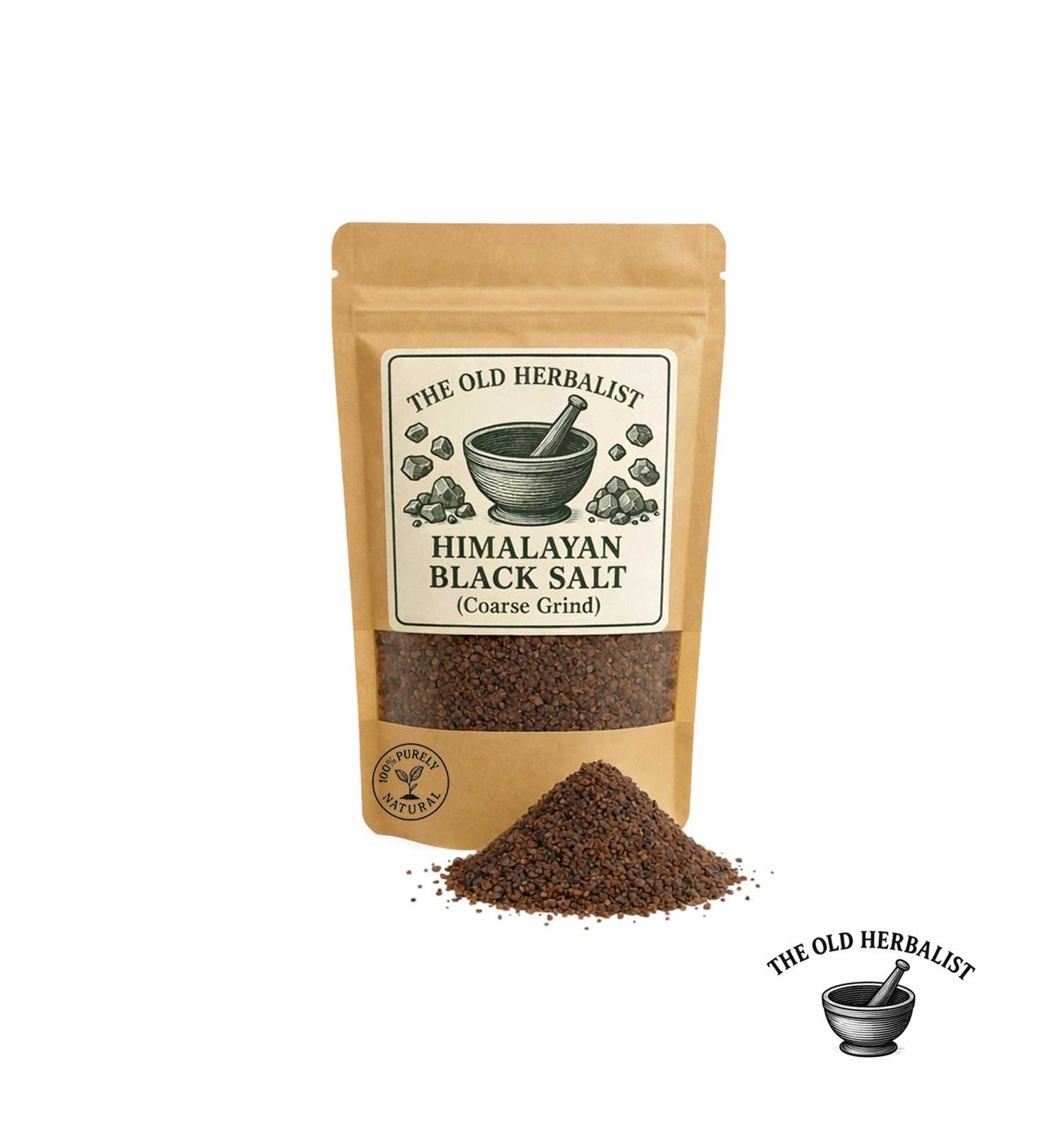 Himalayan black salt coarse grind in kraft pouch – natural mineral seasoning.