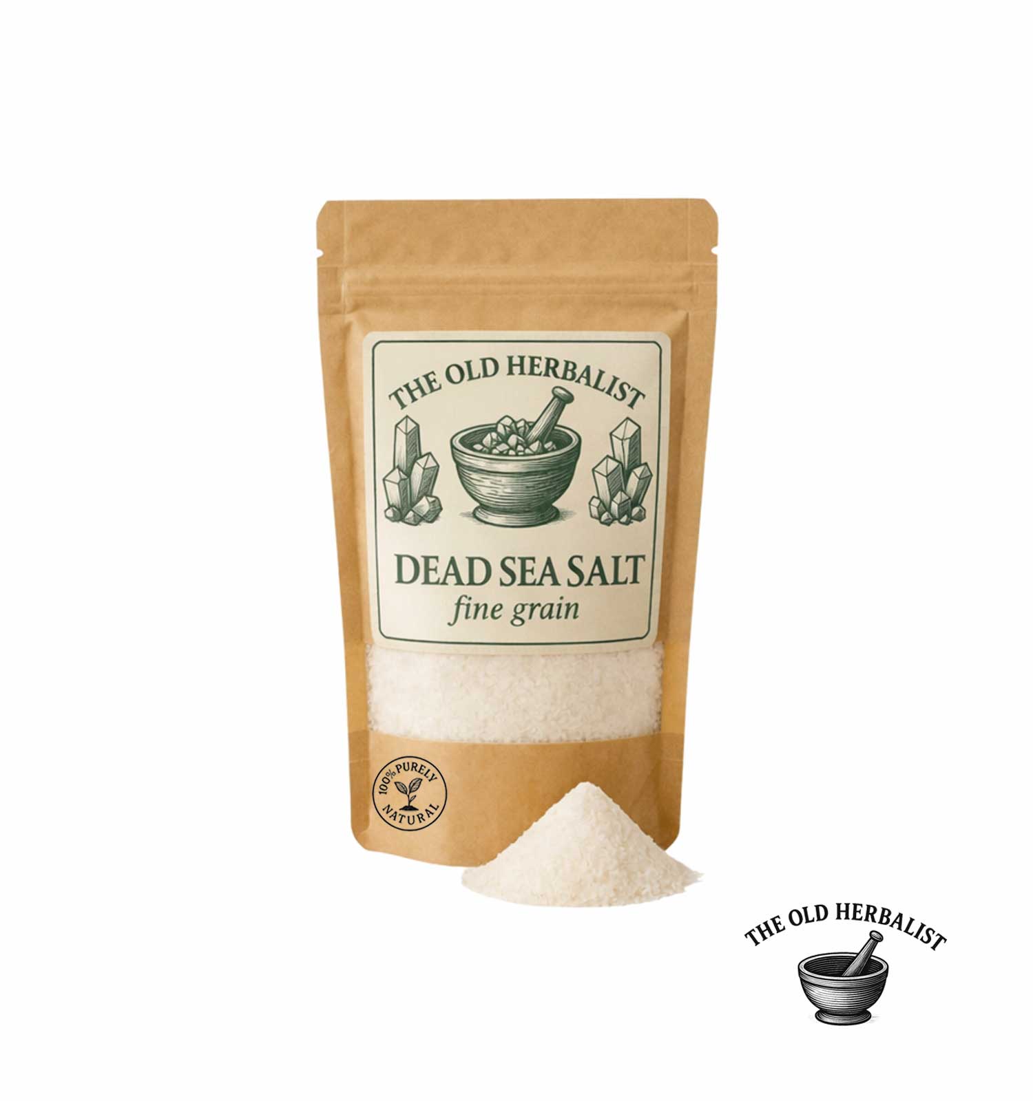 Fine grain Dead Sea salt in kraft pouch – natural mineral bath salt.
