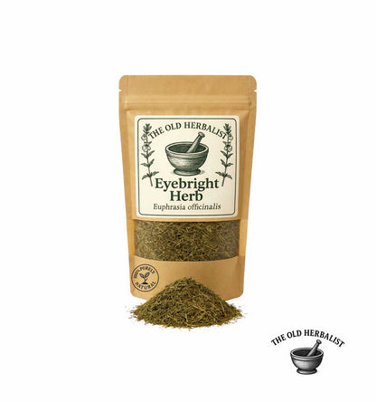 Package of 'Eyebright Herb' by 'The Old Herbalist' with dried herbs on a white background.