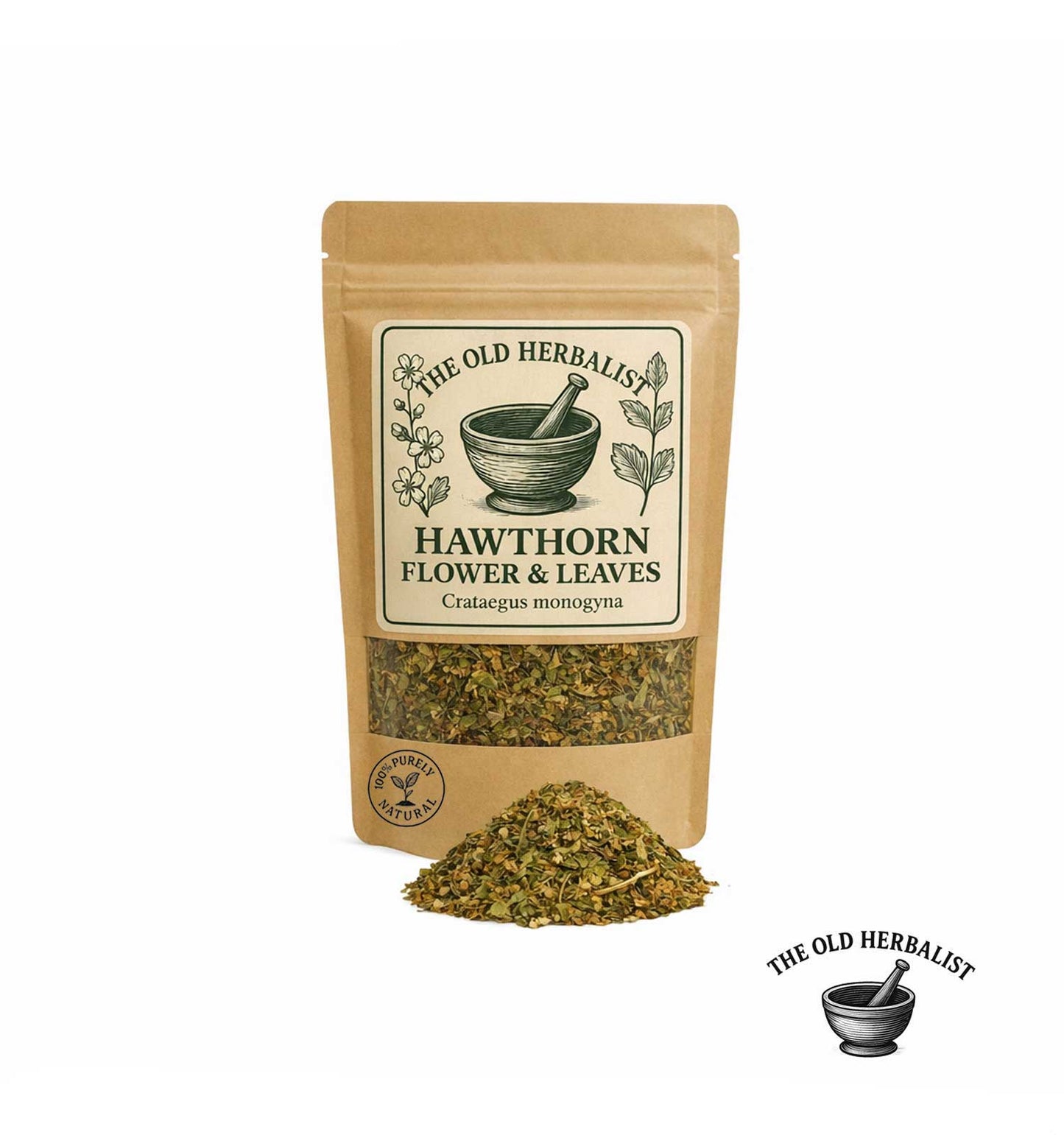 Dried hawthorn flower and leaves in kraft pouch – herbal ingredient.
