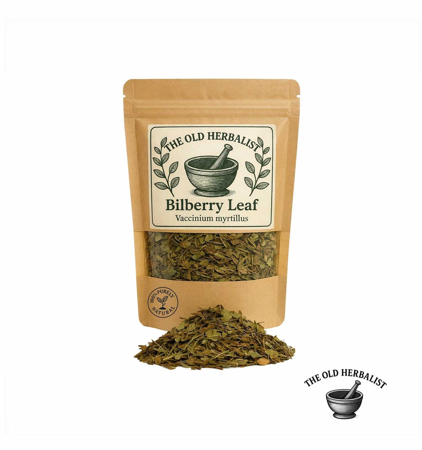Dried bilberry leaf in kraft pouch – herbal tea ingredient.
