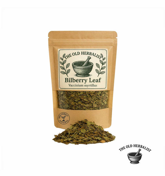 Dried bilberry leaf in kraft pouch – herbal tea ingredient.
