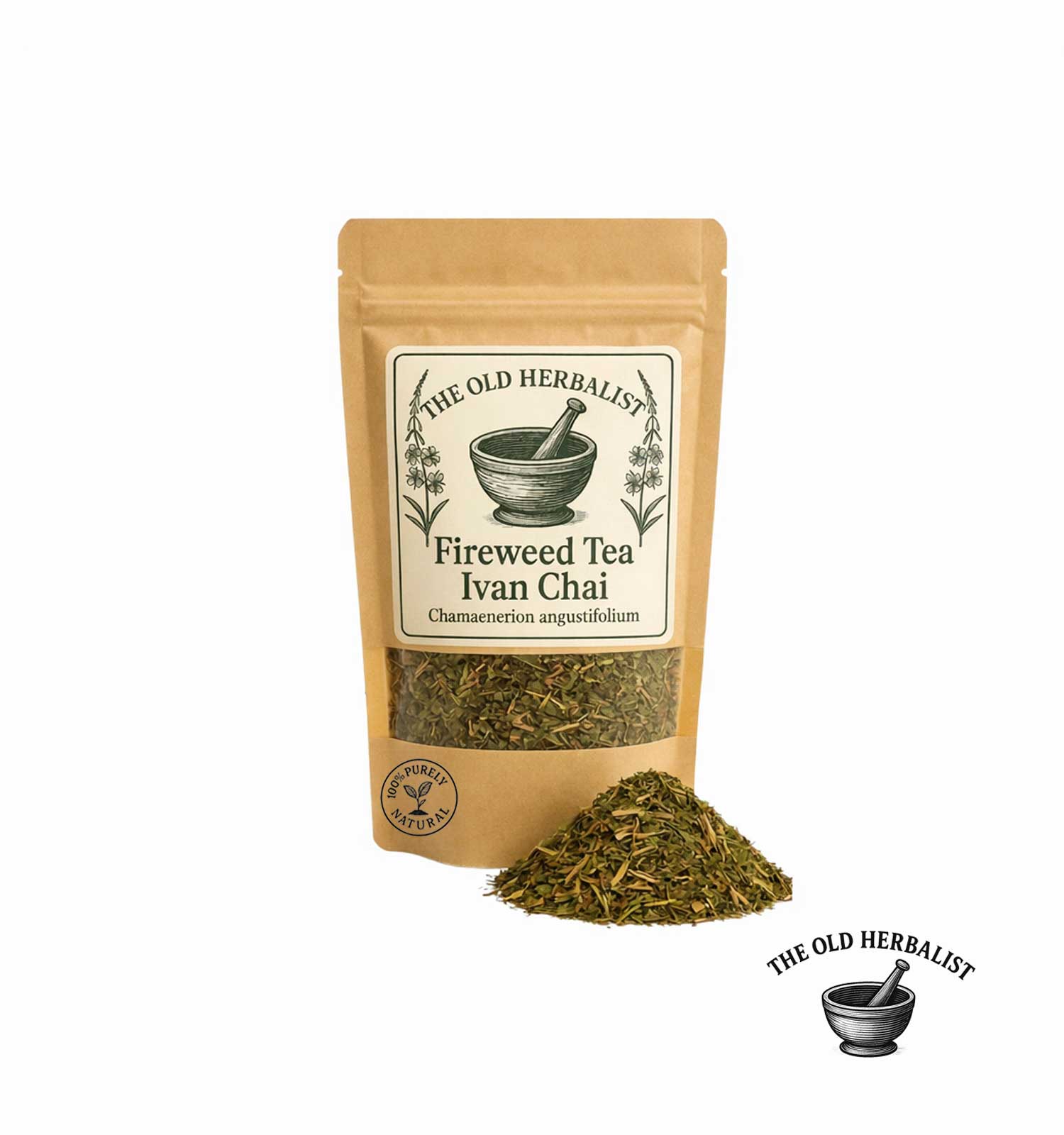 Fireweed Tea Ivan Chai package with loose tea on a white background