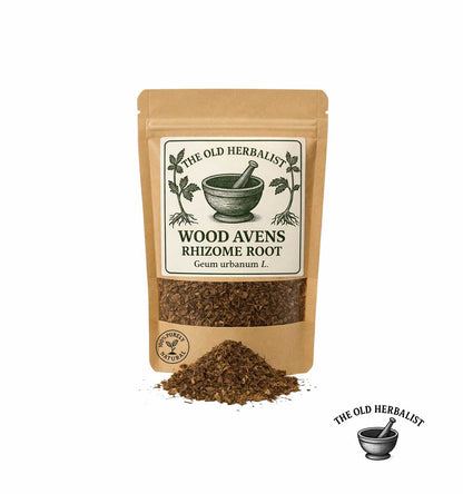 Dried wood avens root in kraft pouch – herbal ingredient.
