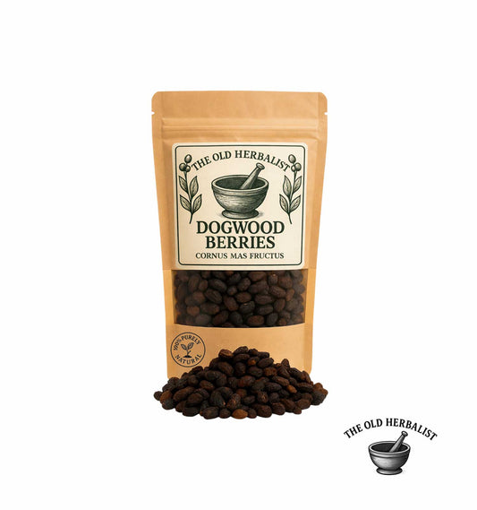 Dried dogwood berries in kraft pouch – Cornus mas herbal fruit.
