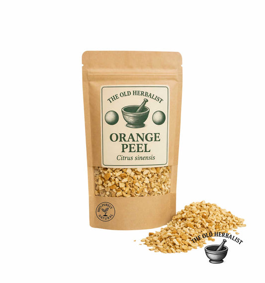 Dried orange peel in kraft pouch – Citrus sinensis herbal ingredient.
