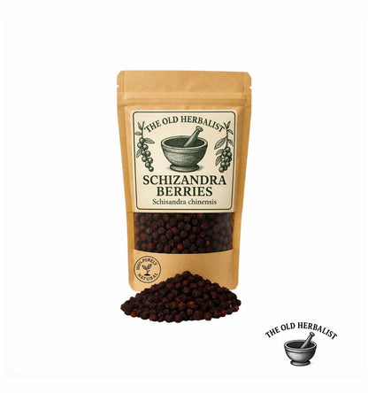 Dried schisandra berries in kraft pouch – herbal ingredient.
