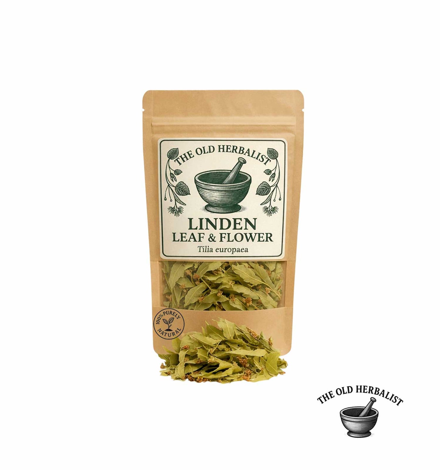 Dried linden leaf and flower in kraft pouch – herbal tea ingredient.