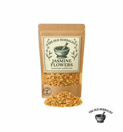 Dried jasmine flowers in kraft pouch – aromatic herbal ingredient.
