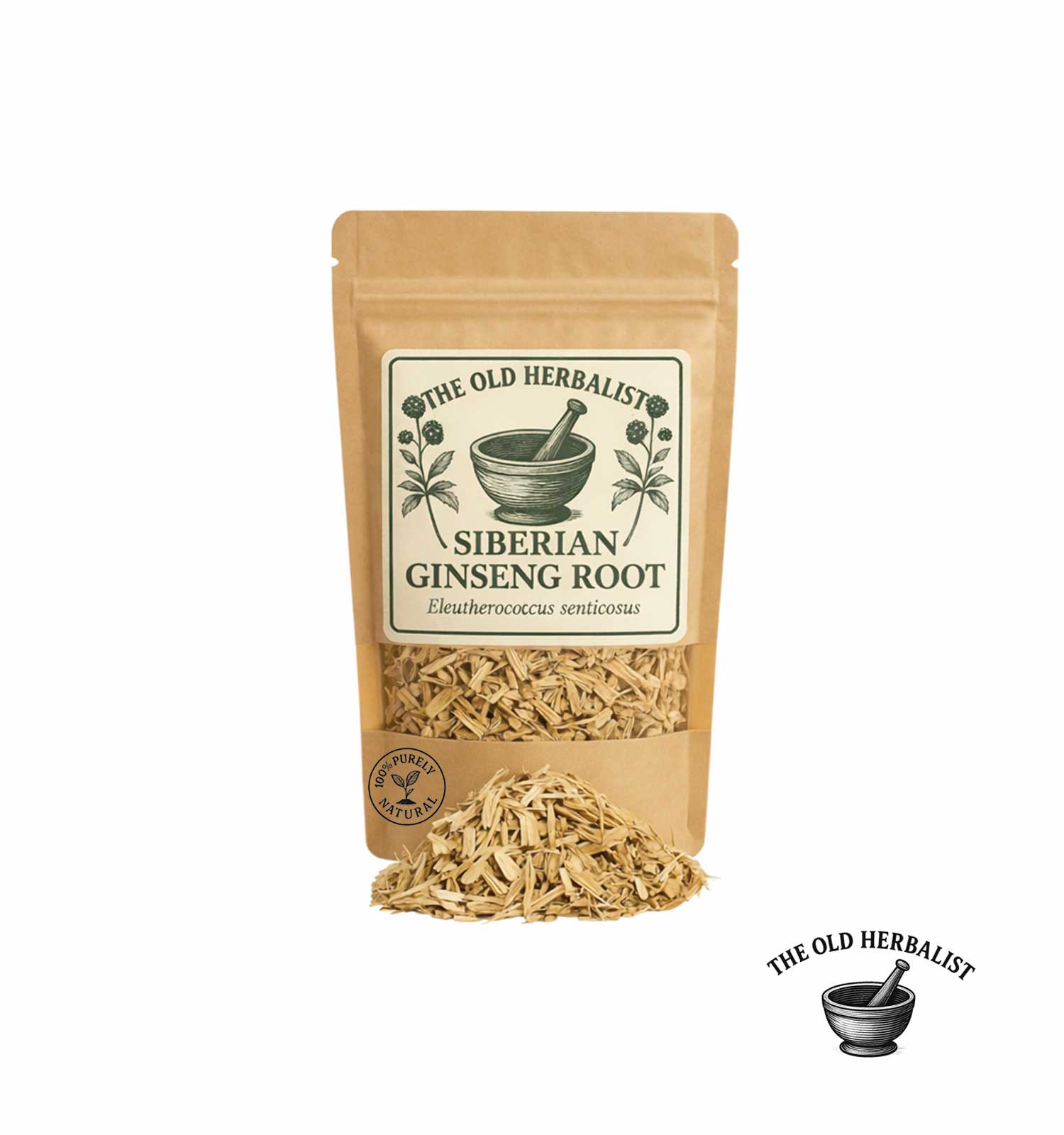 Dried Siberian ginseng root in kraft pouch – herbal ingredient.