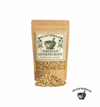 Dried Siberian ginseng root in kraft pouch – herbal ingredient.