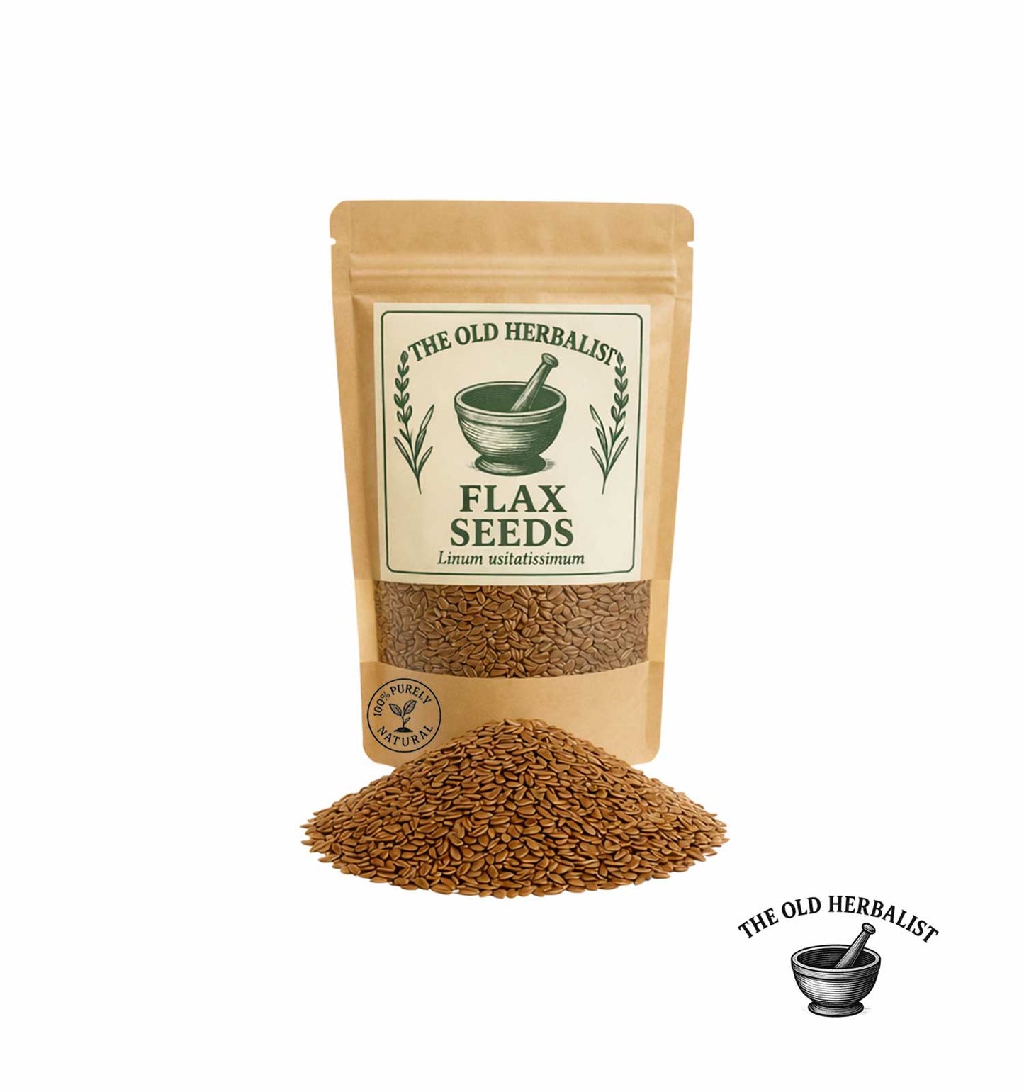 Whole flax seeds in kraft pouch – natural culinary ingredient.
