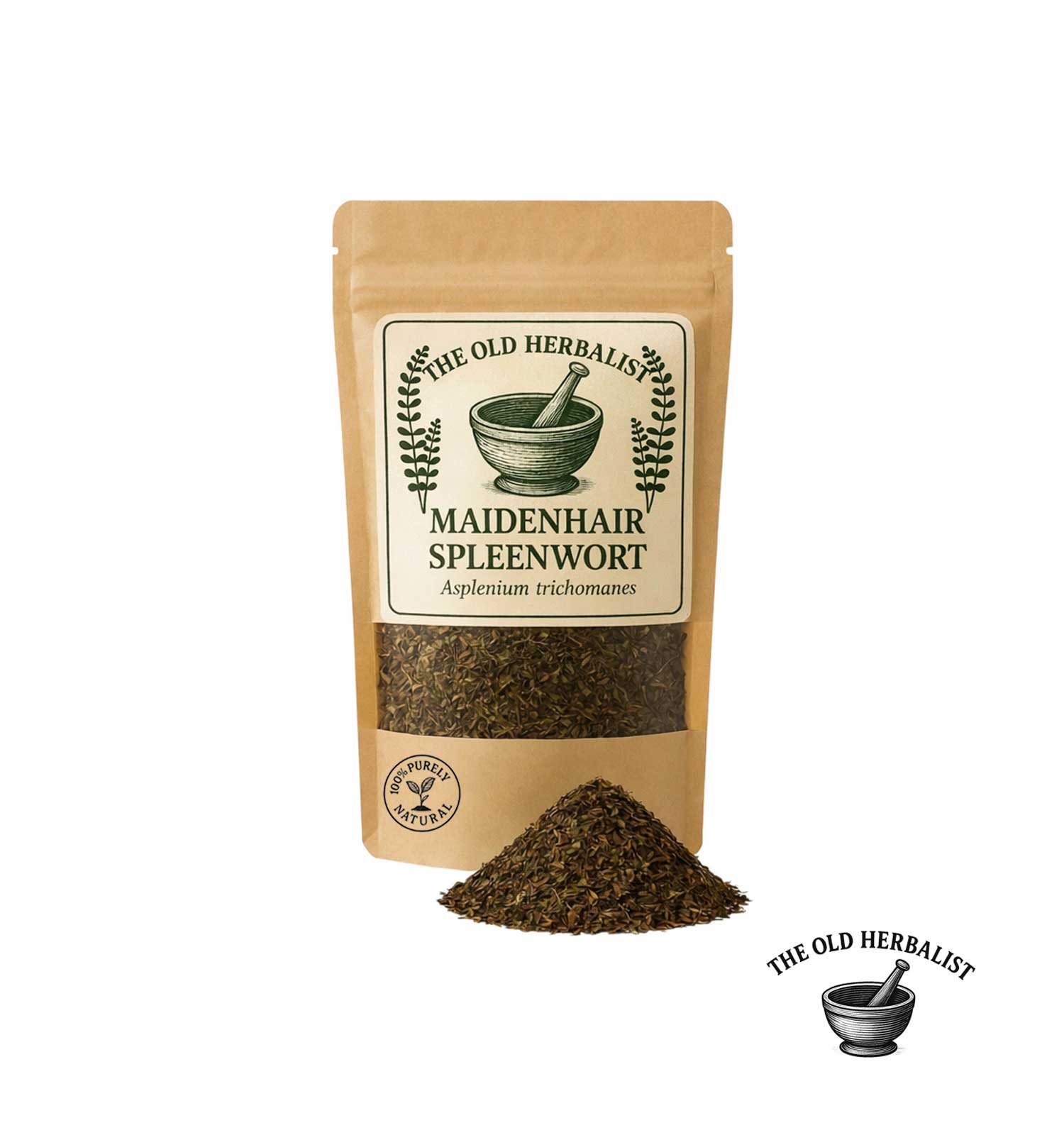 Dried maidenhair spleenwort herb in kraft pouch – herbal ingredient.
