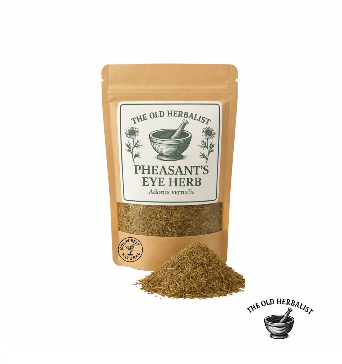 Dried pheasant’s eye herb in kraft pouch – Adonis vernalis.
