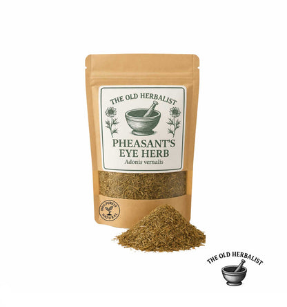 Dried pheasant’s eye herb in kraft pouch – Adonis vernalis.
