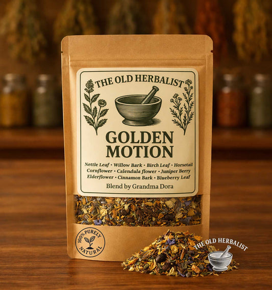 Packaging of 'Golden Motion' herbal blend by The Old Herbalist on a wooden surface.