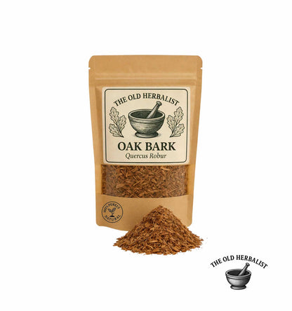 Dried oak bark pieces in kraft pouch – herbal ingredient.
