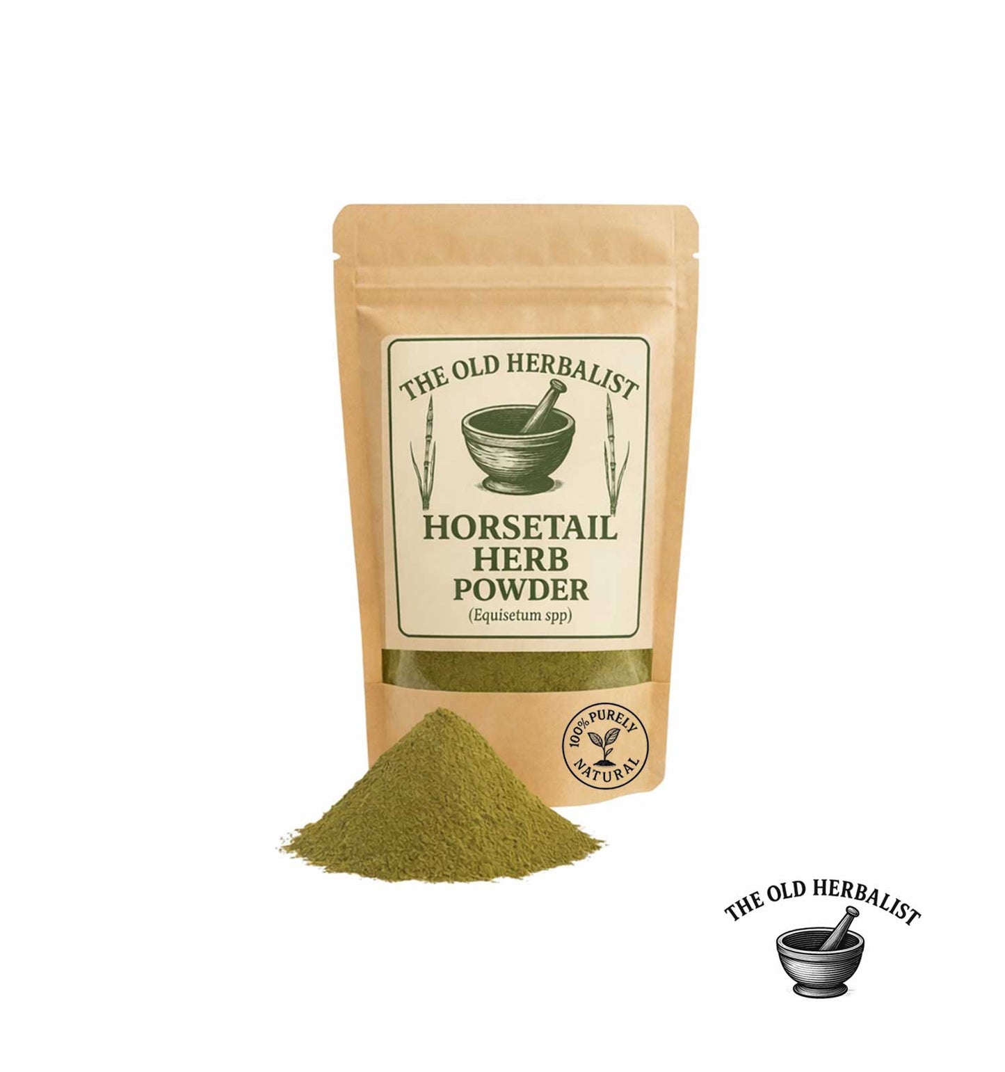 Horsetail herb powder in kraft pouch – natural herbal ingredient.