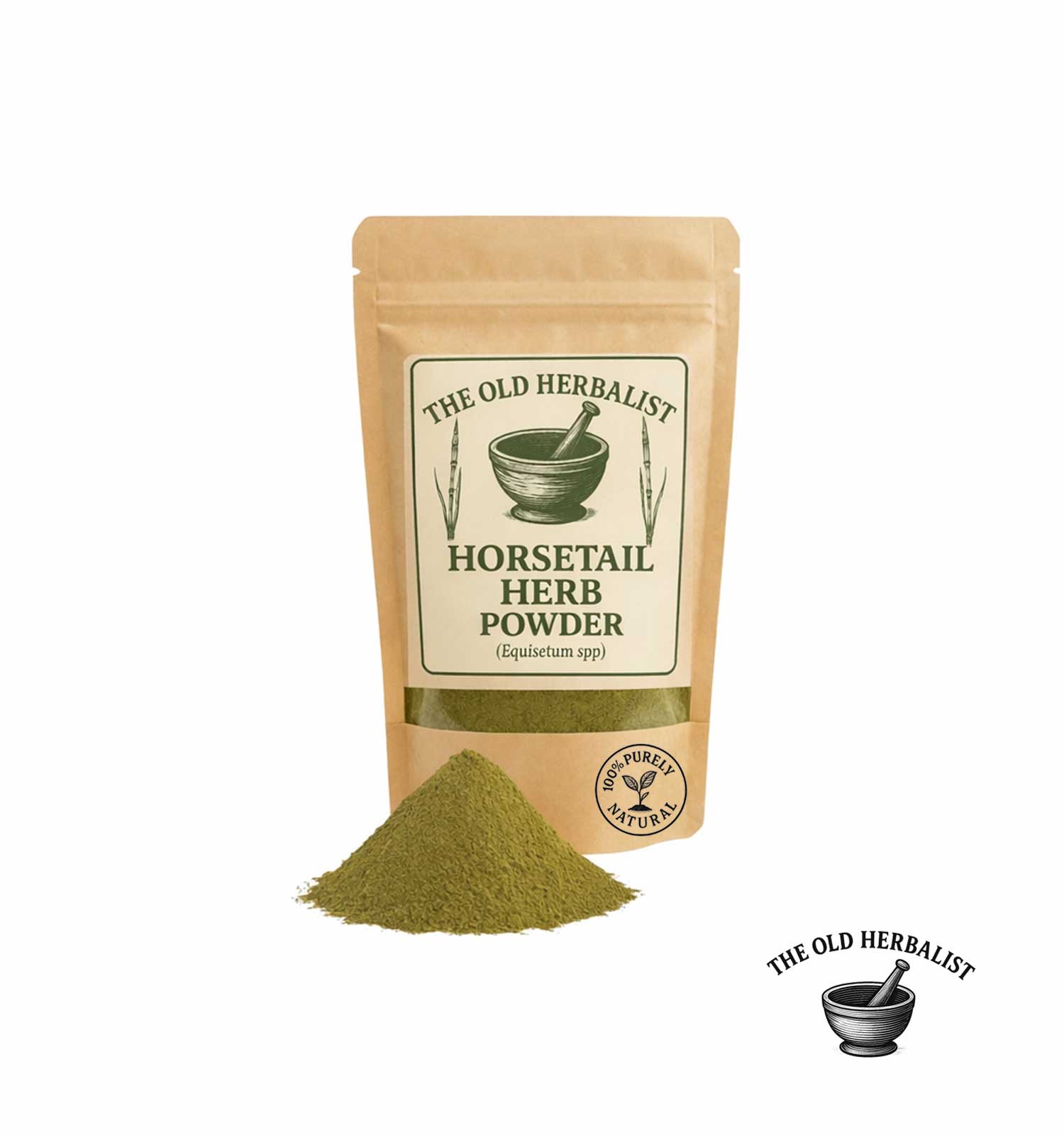 Horsetail herb powder in kraft pouch – natural herbal ingredient.