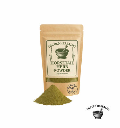 Horsetail herb powder in kraft pouch – natural herbal ingredient.