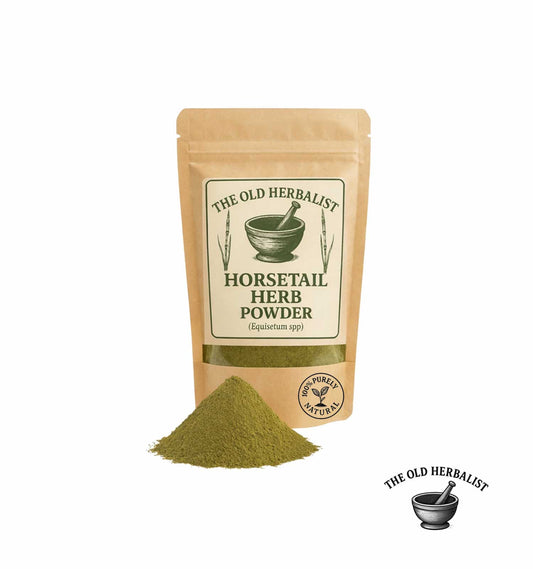 Horsetail herb powder in kraft pouch – natural herbal ingredient.