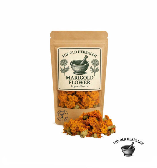 Dried marigold flowers in kraft pouch – herbal ingredient.
