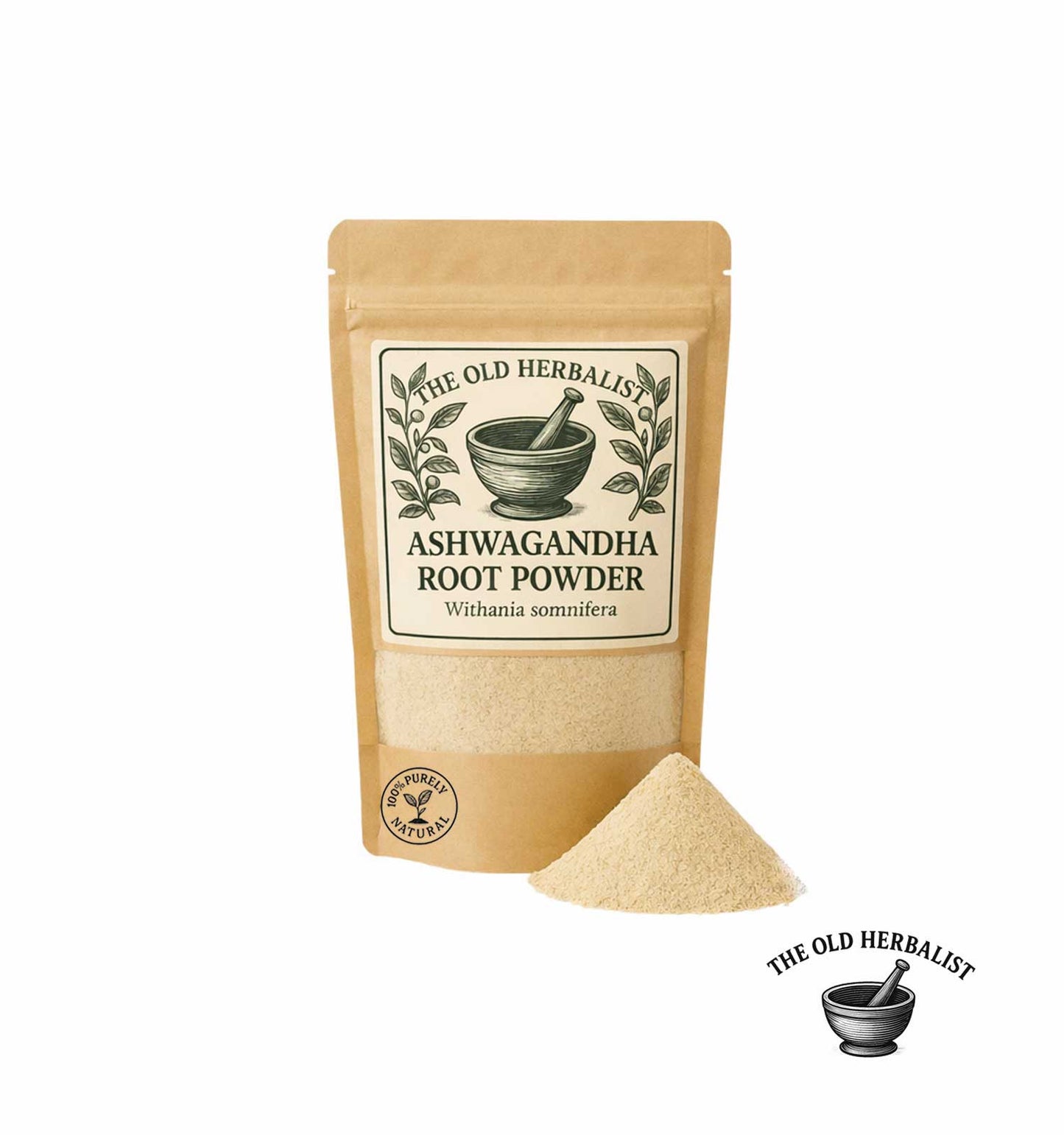 Package of Ashwagandha root powder from The Old Herbalist on a white background