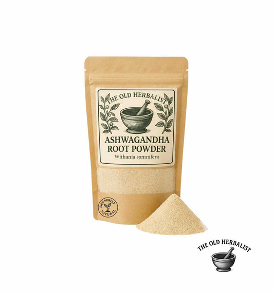 Package of Ashwagandha root powder from The Old Herbalist on a white background