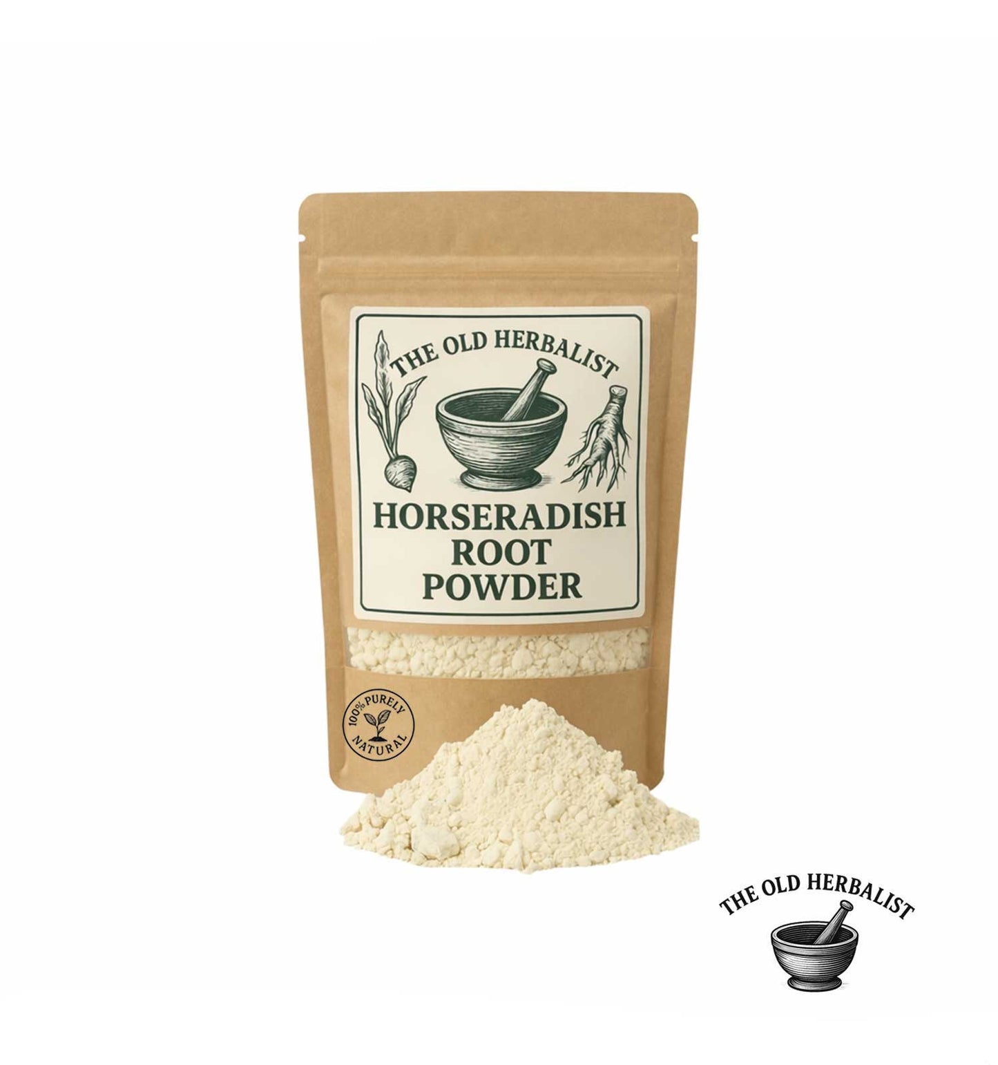 Horseradish root powder in kraft pouch – natural root spice.
