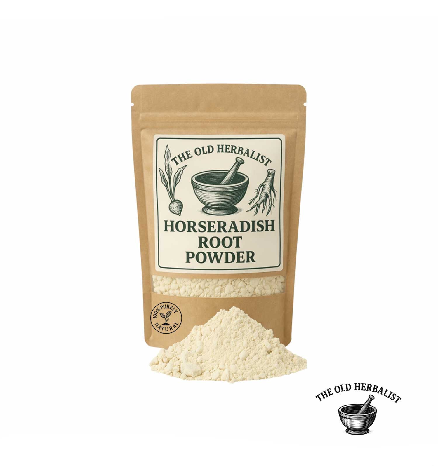 Horseradish root powder in kraft pouch – natural root spice.
