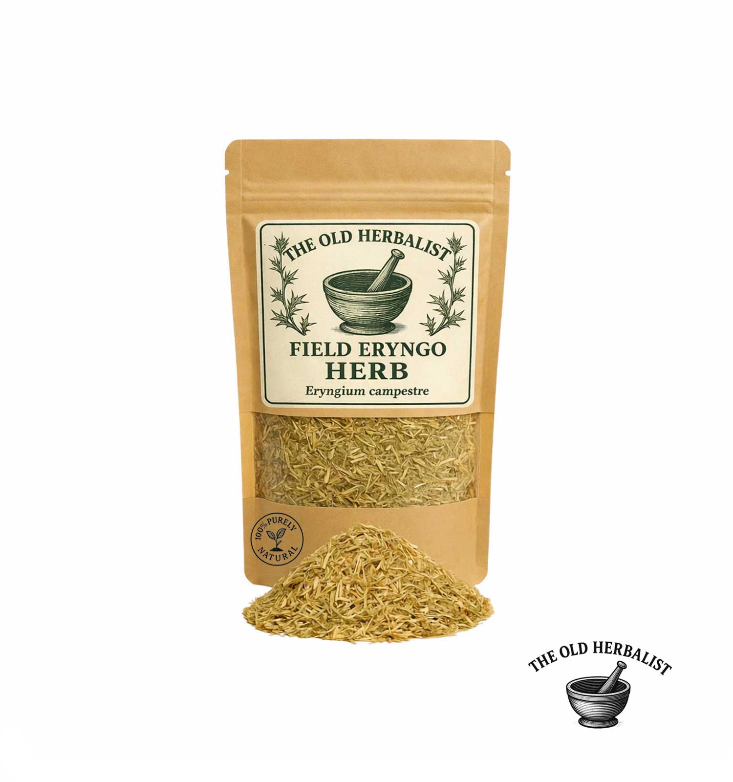 Dried field eryngo herb in kraft pouch – herbal ingredient.
